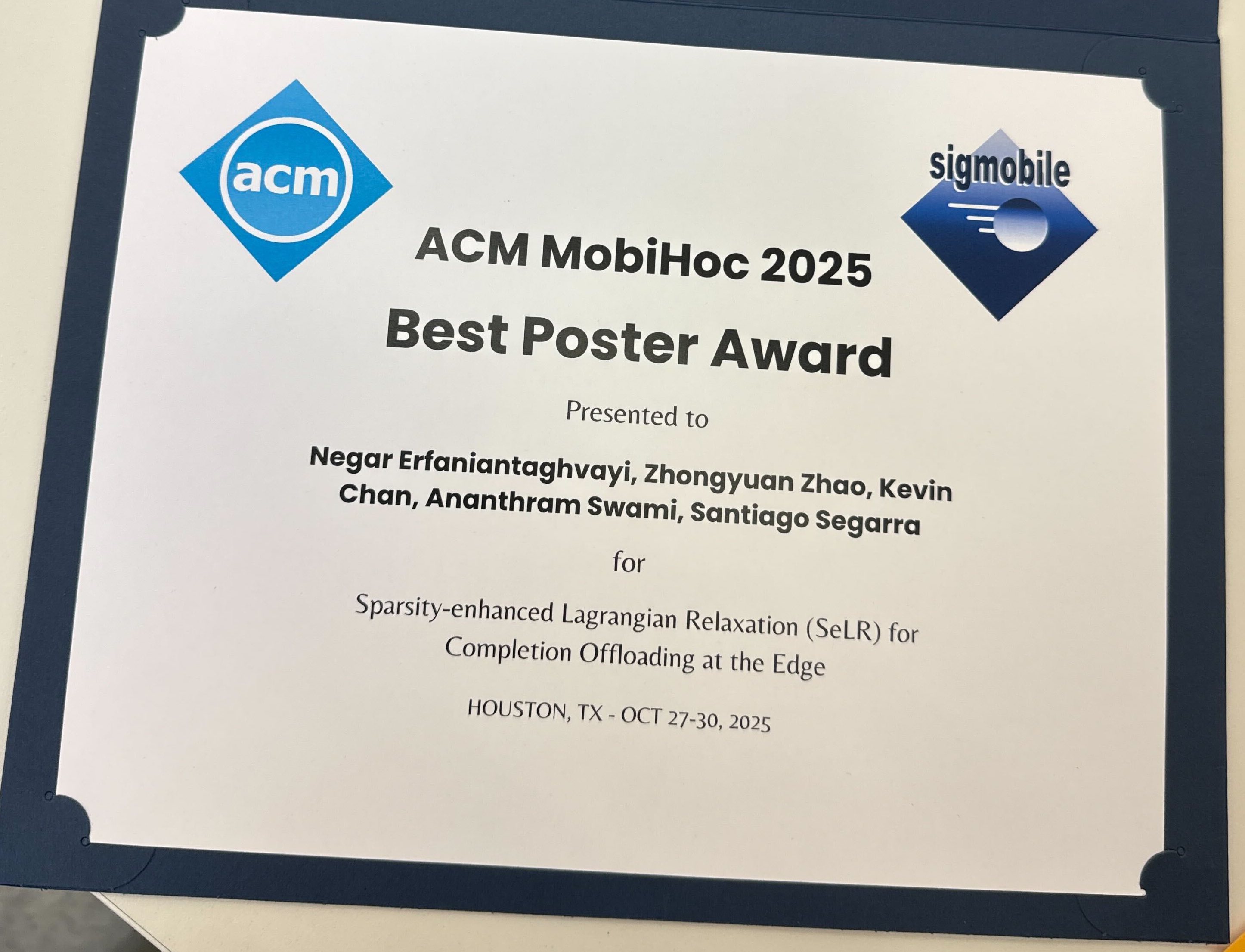 Best Poster Award at ACM MobiHoc 2025